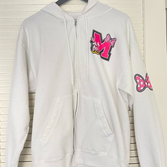 Disney Parks Minnie Mouse Varsity White Zip Hoodie - Picture 1 of 6